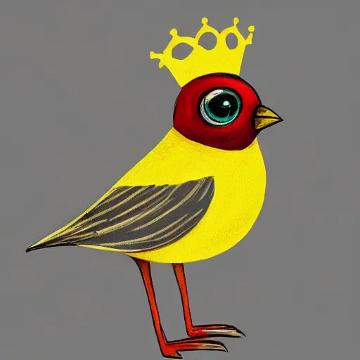 Image similar to an elegant yellow!! bird!!! wearing a crown!!! and a red! bow!! tie!!, very very beautiful, high quality, detailed, 4k, digital art, artstation, smooth