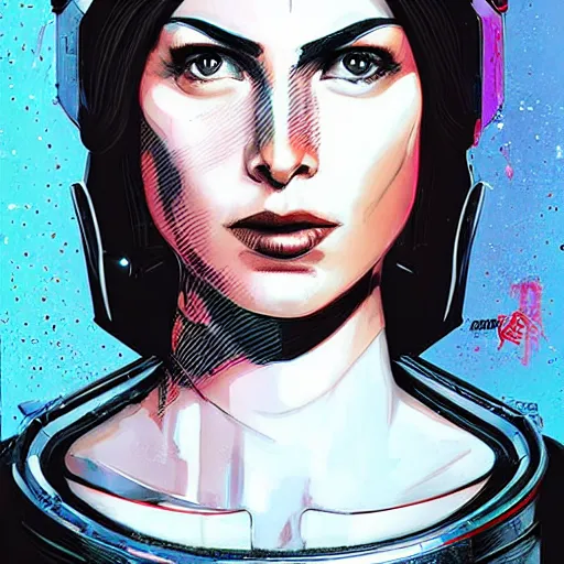 Prompt: portrait of a female android, by MARVEL comics and Sandra Chevrier, HDR