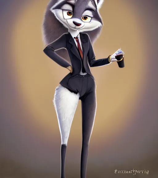 Image similar to oil painting of full body of anthromorphic female wolf, in style of zootopia, zootopia, zootopia, fursona, furry, furaffinity, 4 k, deviantart, furry art, fursona art, wearing black business suit, business suit, in style of zootopia, wolf fursona, cyberpunk, female, expressive detailed feminine face,