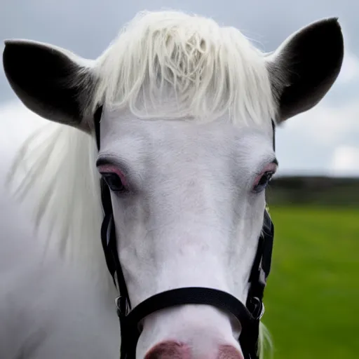Prompt: an albino horse with a human head