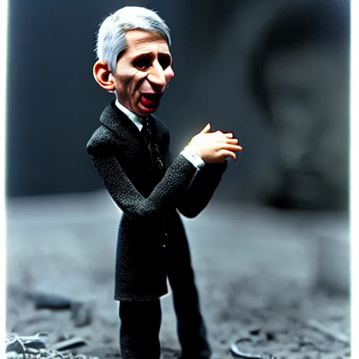 Image similar to claymation anthony fauci by klaus schwab, hyperrealistic, very detailed, tim burton, 3 5 mm film still, gothic, horror, eldritch