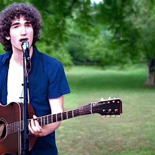 Prompt: Tim Buckley singing in a park, Cinematography by Roger Deakins