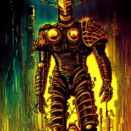 Image similar to cyberpunk knight, atmospheric lighting, painted, intricate, golden hour, ultra detailed by philippe druillet