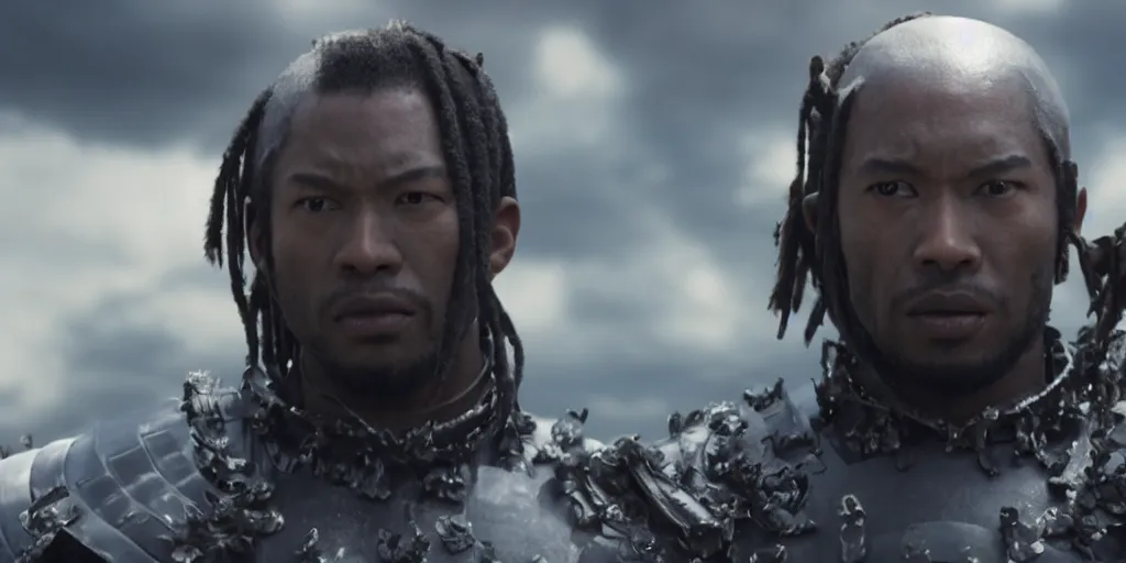 Image similar to a film still of a black man starring in a japanese blockbuster film as an evil samurai, shallow depth of field, cinematic, award winning cgi, vfx, film still