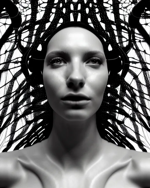 Prompt: black and white cyborg-plant goddess high quality portrait, artificial intelligence, bio-mechanical bio-luminescence, artificial spider web, neurons, nerve cells, octane render, cinematic, hyper realism, high detail, 8k, in the style of Steven Meisel and Dora Maar and H.G. Giger