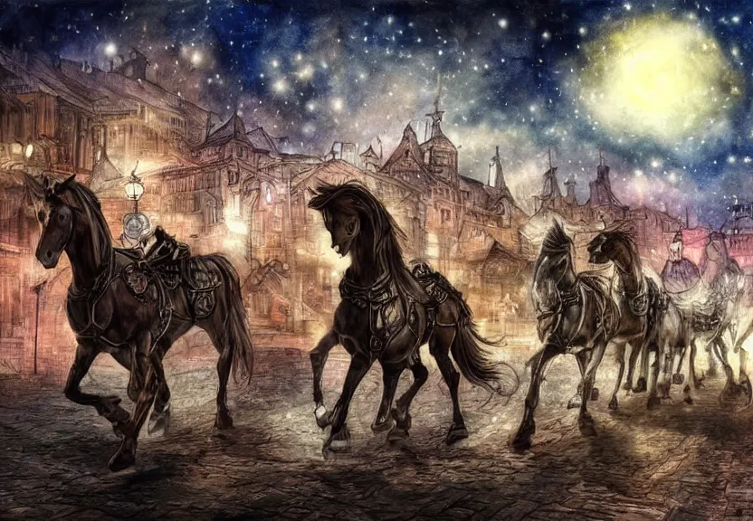 Prompt: horses riding through a steampunk city at night under a dark starred sky, dark fantasy, digital art, watercolor, high detail, dreaming illusion