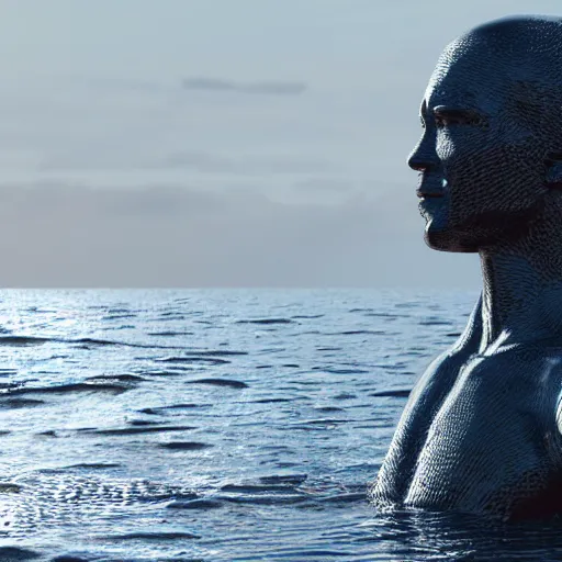 Prompt: a giant sculpture made out of water of a human head on the ocean water, cinematic, in the style of chad knight, long shot, hyper detailed, hyper realistic, ray tracing, 8 k resolution, sharp focus, realistic water, award winning