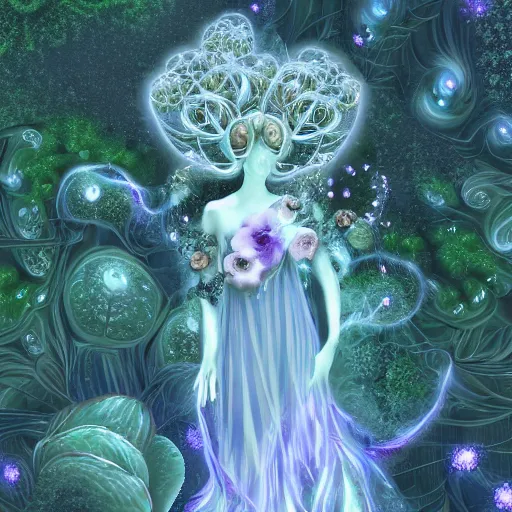 Prompt: glowing delicate flower and mushrooms that grow in a dark fatansy forest on the planet Pandora, an idealistic marble statue with fractal flowery hair in a fractal garden, - W 704