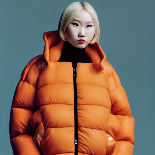 Image similar to realistic photoshooting for a new balenciaga lookbook, color film photography, portrait of a blonde asian woman, model wearing a puffer jacket, photo in style of tyler mitchell, 3 5 mm,