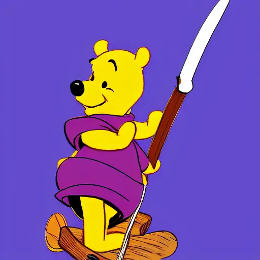 Prompt: Winnie the Pooh holding a giant sword, hd, intricate, Kingdom Hearts, 8k, digital art