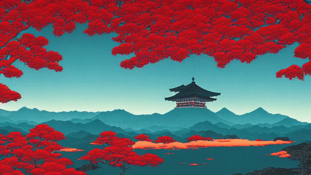 Image similar to I could see my own eyes had flecks of red, green, amber and blue, screen print by Kawase Hasui and dan hillier, 8k unreal engine