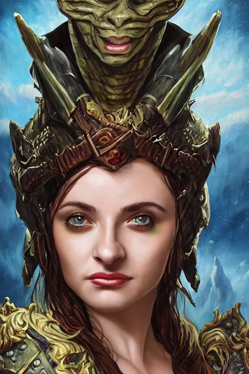 Prompt: A fantasy comic book style, composite portrait painting of Joey King, Cory Chase as an Atlantean, Reptilian Warrior, Mystical Valkyrie, Armor, Sword, Spear, Sheild, François Boucher, Oil Painting, unreal 5, DAZ, hyper realistic, Photorealistic, octane render, Regal, Refined, Coherent, Detailed Digital Art, RPG portrait, William-Adolphe Bouguereau, Michael Cheval, Walt Disney (1937), Steampunk, golden dappled lighting, dynamic lighting, Highly Detailed, Cinematic Lighting, Unreal Engine, 8k, HD