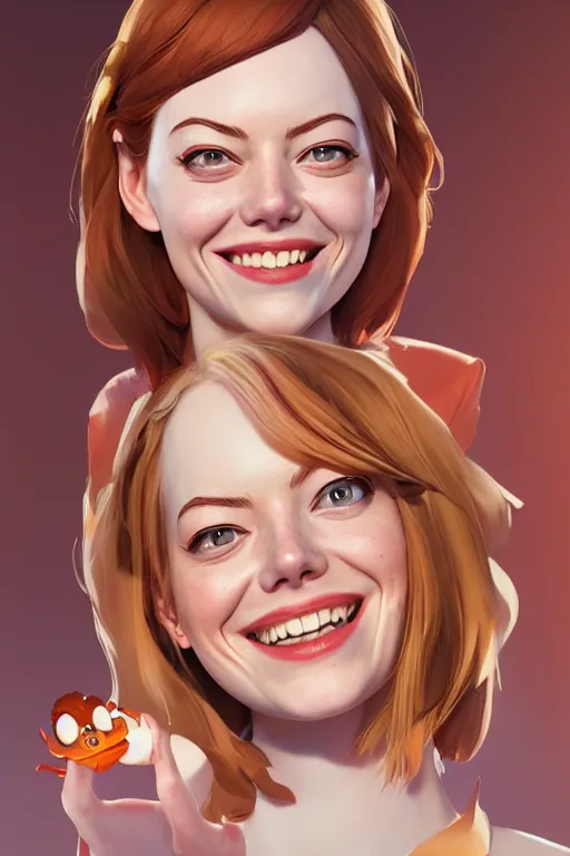 Image similar to emma stone smiling to see many big italian sausages by concept artist gervasio canda, behance hd by jesper ejsing, by rhads, makoto shinkai and lois van baarle, ilya kuvshinov, rossdraws global illumination radiating a glowing aura global illumination ray tracing hdr render in unreal engine 5