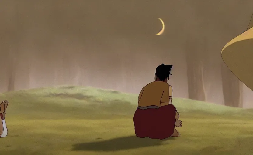 Image similar to a cell - shaded cartoon movie still from princess mononoke ( 1 9 9 7 ) of a middle eastern imam kneeling in prayer. a golden ufo is in the sky. very dull muted colors, hd, 4 k, hq