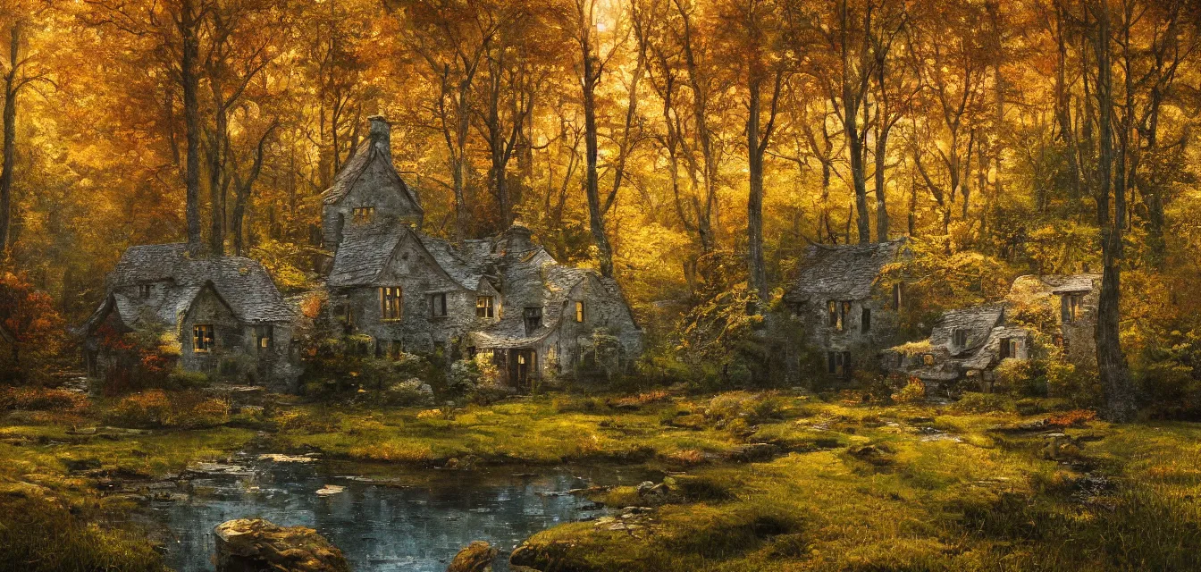 Image similar to a painting of sparse stone cottages underneath a dense tall forest, with pristine reflex from cascading ponds. gorgeous, elegant, sophisticated, an ultrafine painting, intricate brush strokes, bright depth oil colors, photography by araken alcantara. intense promiseful illumination, autumn sunrise warm light, detailed and intricate environment of hopeful bodyscapes