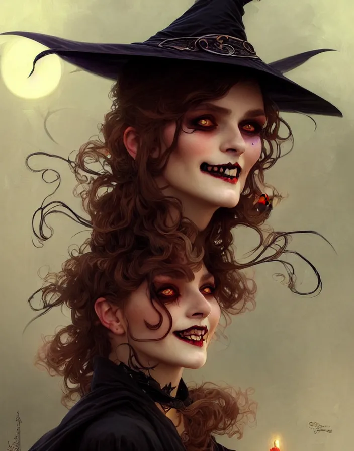 Image similar to halloween witch woman in a hat smiles, fantasy magic, undercut hairstyle, dark light night, intricate, elegant, sharp focus, illustration, highly detailed, digital painting, concept art, matte, art by wlop and artgerm and greg rutkowski and alphonse mucha, masterpiece