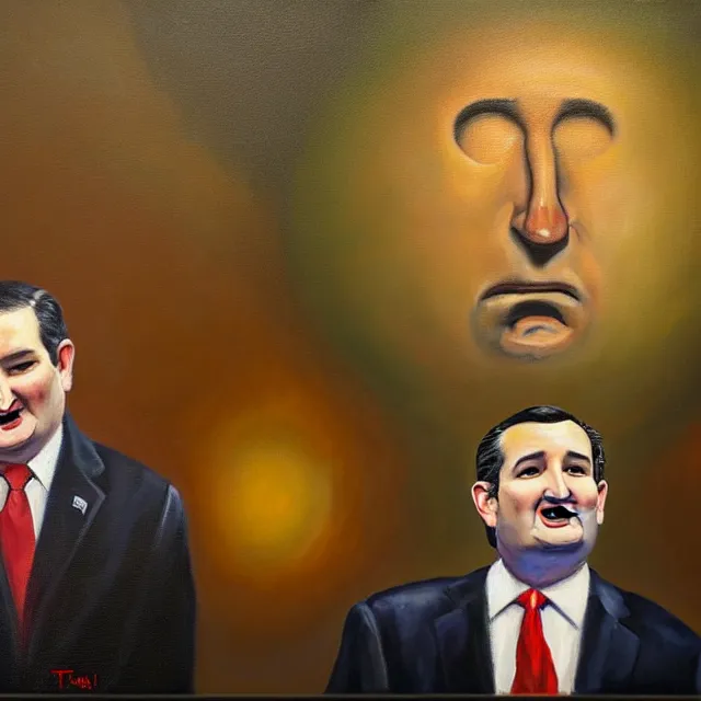 Prompt: an oil on canvas portrait painting of ted cruz giving a speech at the republican convention, surrealism, surrealist, cosmic horror, high detail