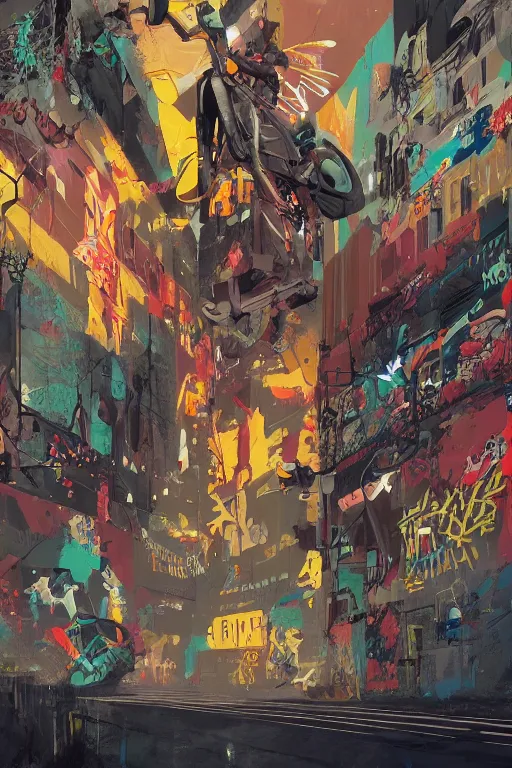 Image similar to extreme graffiti tag mural maximalism by atey ghailan, by greg rutkowski, by joe fenton, yellow, brown, black and cyan color scheme, octane render