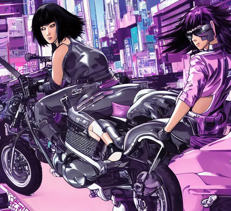 Image similar to motoko kusanagi riding a cyberpunk vehicle in a grungy cyberpunk megacity, bosozoku gang war, cyberpunk vaporwave, by phil jimenez, artgerm, sola digital arts, anti aliasing, raytracing