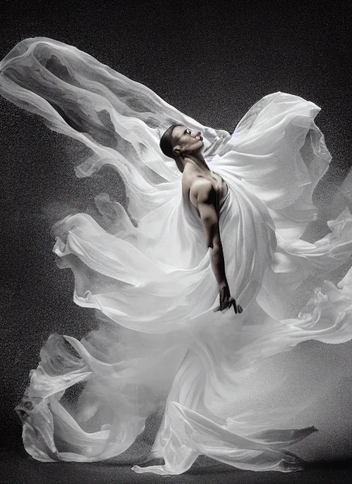 Image similar to a Photorealistic dramatic hyperrealistic render of a glamorous beautiful Female smoke dancer by Ken Brower and Deborah Ory of NYC Dance project,Lois Greenfield,Flowing cloth and smoke,Beautiful dynamic dramatic dark moody lighting,volumetric,shadows,cinematic atmosphere,Octane render,8K