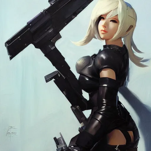 Image similar to greg manchess portrait painting of yorha type a no. 2 as overwatch character, medium shot, asymmetrical, profile picture, organic painting, sunny day, matte painting, bold shapes, hard edges, street art, trending on artstation, by huang guangjian and gil elvgren and sachin teng