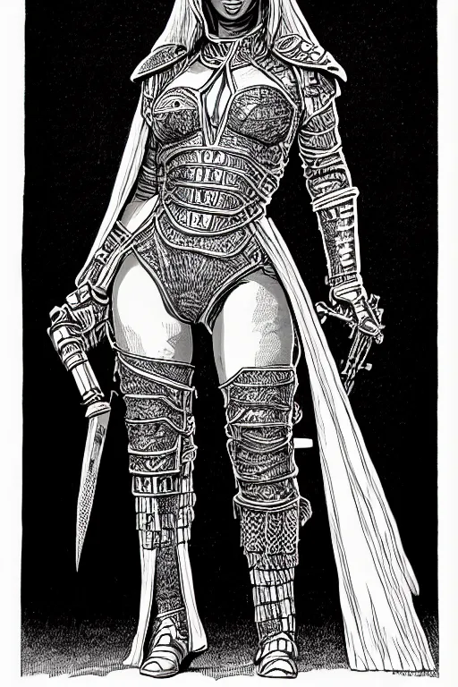 Image similar to warforged beyonce, as a d & d monster, full body, pen - and - ink illustration, etching, by russ nicholson, david a trampier, larry elmore, 1 9 8 1, hq scan, intricate details, inside stylized border