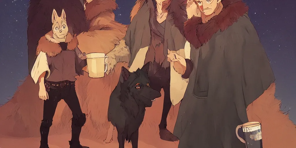 Image similar to a two german shepherds beast - men, holding a mug of beer, a lot of pockets, fur cape, tavern background, magical, bright, colorful, fantastic lighting, amazing details, 4 k uhd, illustration by hayao miyazaki and makoto shinkai and ilya kuvshinov, artstation, pixiv,