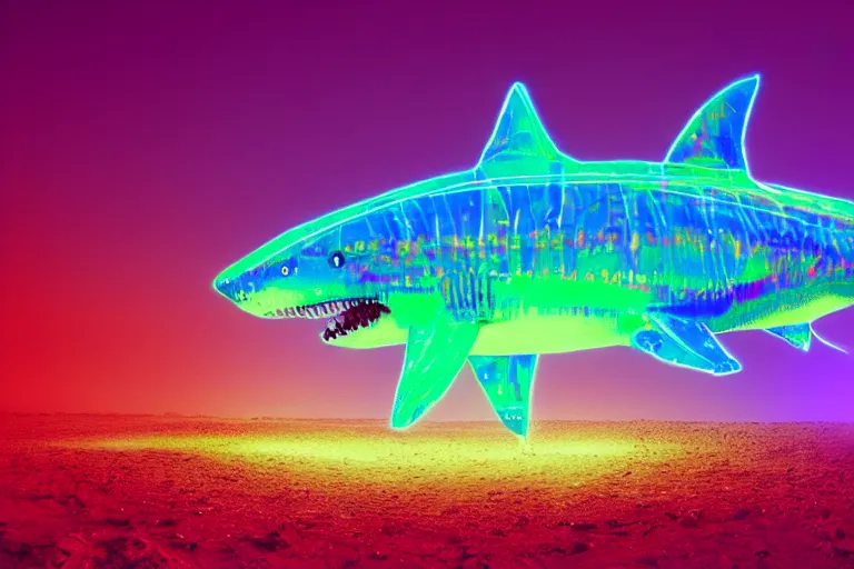 Image similar to a holographic projection of a huge colorful lucid shark made of light beams appears in the desert at night, a man is stunned, by beeple, highly - detailed, fantasy