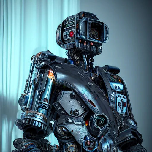 Image similar to Full lenght view contamporary art photography of ultra mega super hyper realistic warmachine by Hiromasa Ogura . Photo on Leica Q2 Camera, Rendered in VRAY and DaVinci Resolve and MAXWELL and LUMION 3D, Volumetric natural light. Wearing cyberpunk suit with many details by Hiromasa Ogura .Rendered in VRAY and DaVinci Resolve and MAXWELL and LUMION 3D, Volumetric natural light