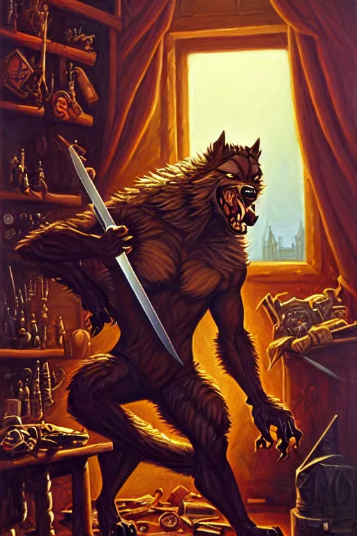 Prompt: classic oil painting, a werewolf that is holding a steel sword, as a dnd character, inside a cluttered bedroom, cottagecore, highly detailed, digital illustration, concept art, smooth, sharp focus, art by tim hildebrandt, and greg hildebrandt