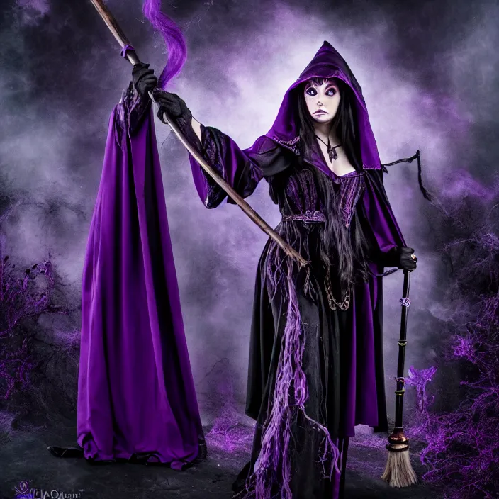 Image similar to photograph of a real-life beautiful elemental darkness witch with ornate purple and black robes and staff. Extremely detailed. 8k