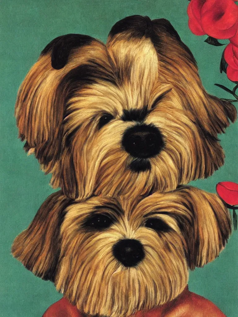 Image similar to portrait of a cream colored havanese dog as with a unibrow, surreal background, by frida kahlo