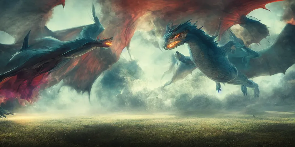 Prompt: muted colorful smoke vaguely reminiscent (translucent wisp) of dragons racing with wings outstretched, smoke, distant village background, cgsociety, HDR