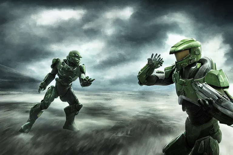 Image similar to a photo of master chief and squidward fighting each other, photorealistic, hd, 8 k