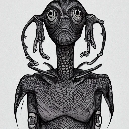 Image similar to a reptilian space alien in the style of james jean