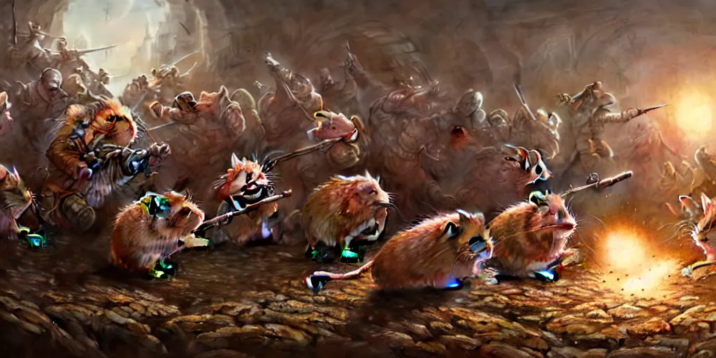 Image similar to highly detailed image of hamsters in a battle, hamsters, hamsters holding rifles, stephen bliss, unreal engine, fantasy art by greg rutkowski, global illumination, radiant light, detailed and intricate environment