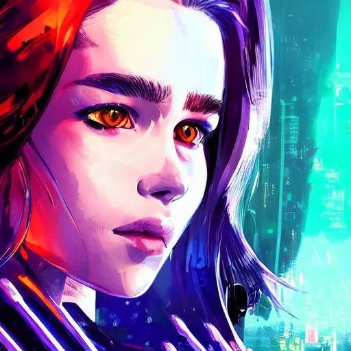 Prompt: highly detailed portrait of a young cyberpunk emilia clarke with a wavy vibrant red hair, blue eyes, cybernetic implants, neon, by Dustin Nguyen, Akihiko Yoshida, Greg Tocchini, Greg Rutkowski, Cliff Chiang, 4k resolution, nier:automata inspired, bravely default inspired, cyberpunk background