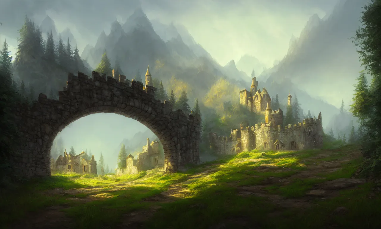 Prompt: digital painting of a small castle town closed off by large metal gate, border, behind a forest, large mountains in back, concept art, low angle, high detail, warm lighting, volumetric, godrays, vivid, beautiful, trending on artstation, by Jordan grimmer, no focus, huge scene, grass