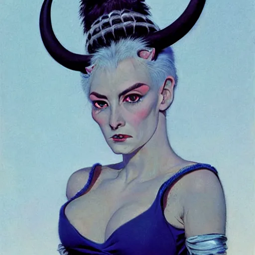 Prompt: Frontal portrait of a sneering bald woman with horns and icy blue eyes, by Robert McGinnis.