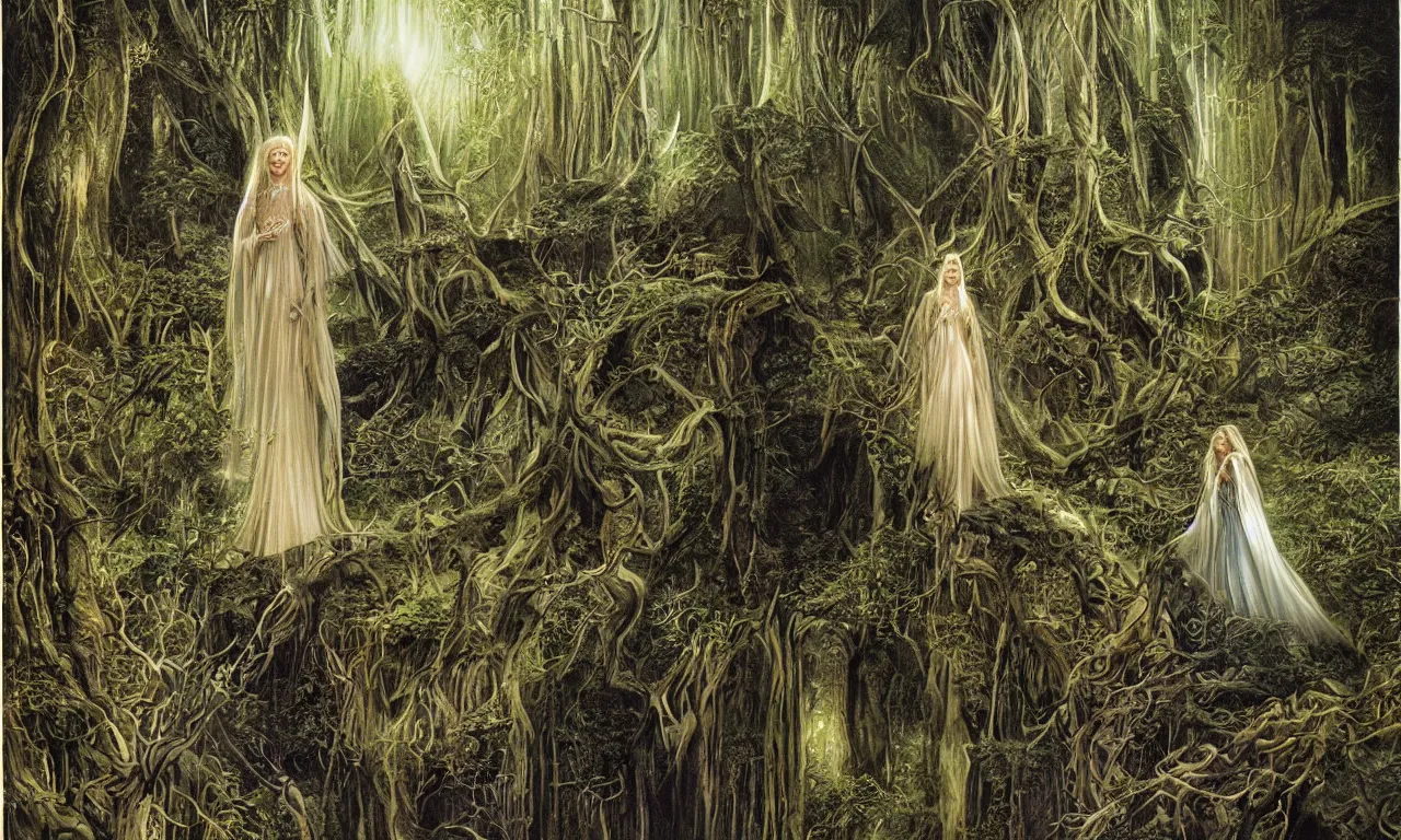 Prompt: Galadriel in Lothlórien, art by Vicente Segrelles and Don Maitz, fantasy illustration, Tolkein art