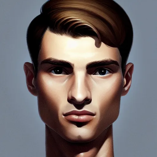 Image similar to man in his twenties with brown blond short quiff hair and thin slightly round facial structure with cleft chin, straight eyebrows and prominent nose, good definition of cheekbones, big hazel nut brown eyes, narrow face, slim body, atmospheric lighting, painted, intricate, 4k, highly detailed by Charlie Bowater