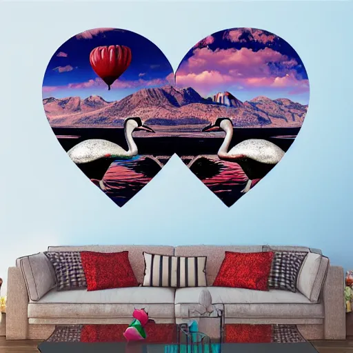 Image similar to photo of two black swans swimming in a beautiful reflective mountain lake, touching heads, forming a heart with their necks, a colorful hot air balloon is flying above the swans, hot air balloon, intricate, 8k highly professionally detailed, HDR, CGsociety