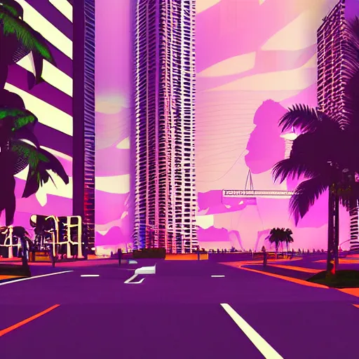 Prompt: vaporwave city, Miami at night. Digital painting. Beeple. Banksy