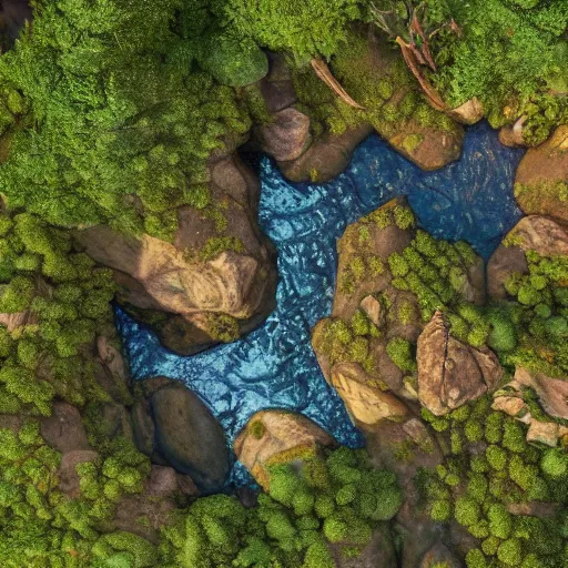 Prompt: a topdown battlemap from 9 0 degrees angle of a forest, dnd encounter, river, rocks, dawn, extremely detailed, no people, photorealistic, octane render, 8 k, unreal engine 5. art by artgerm and greg rutkowski and alphonse mucha