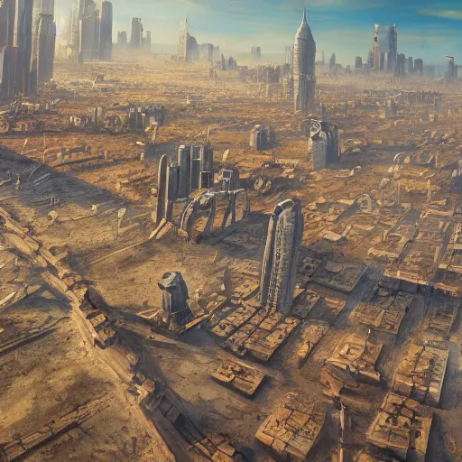 Prompt: highly detailed painting view from bird's eye lively small but tall town with skyscrapers and chimneys in the middle of wasteland endless empty desert trending on Artstation, futuristic, sci-fi, 4K, high quality