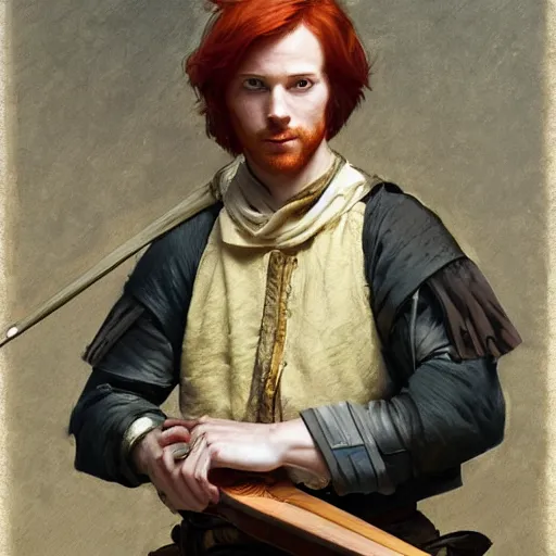 Image similar to portrait of a redhead young human male bard in a medieval tabern, playing the lute joyful, fantasy, highly detailed, digital painting, artstation, concept art, character art, art by greg rutkowski and tyler jacobson and alphonse mucha