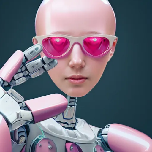 Prompt: an insanely detailed portrait of a pretty humanoid robot showing the viewer a pink icecream, artstation greg rutkowski, cinematic, hyperrealist, digital art