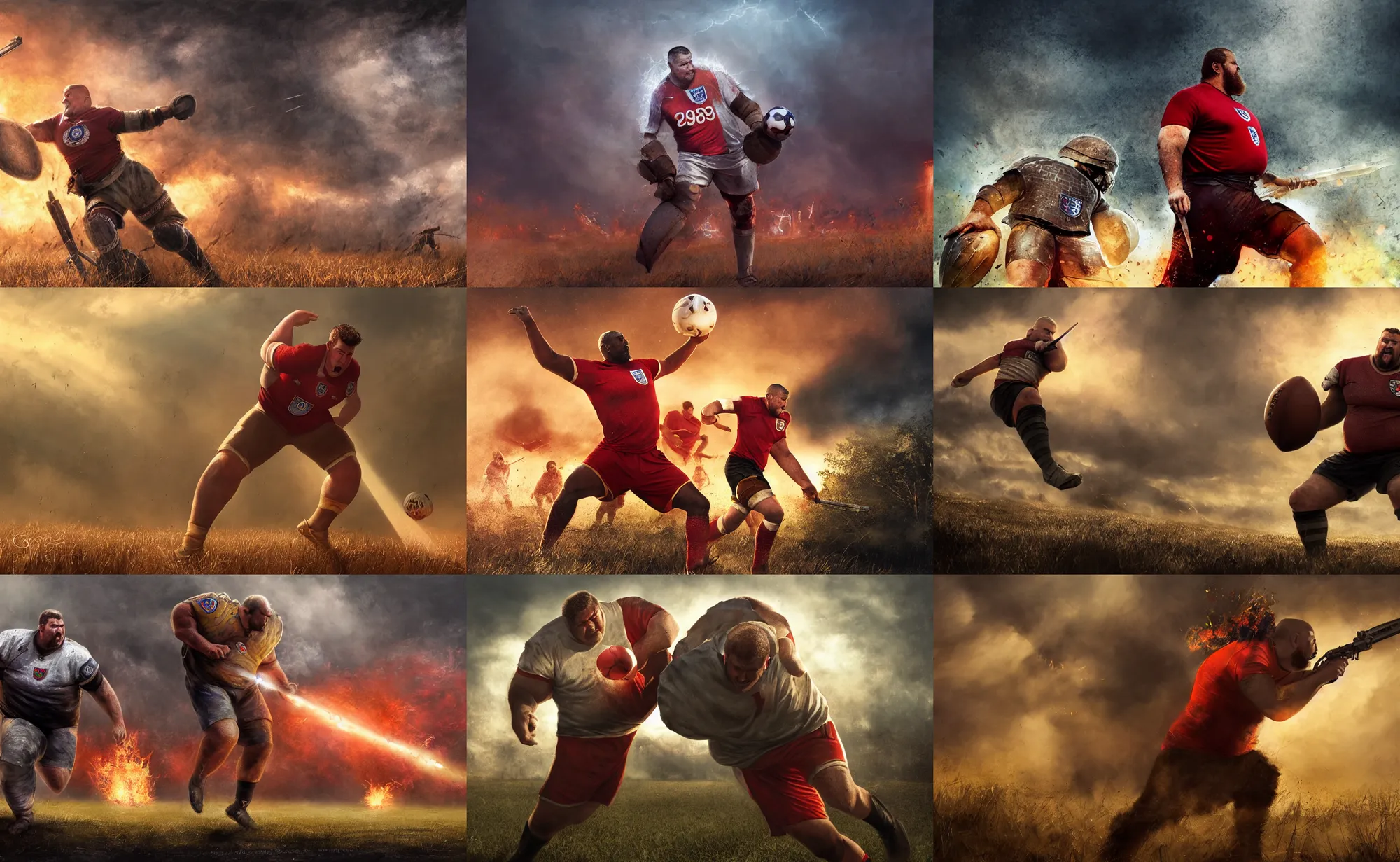 Prompt: cinematic artwork of a large man with a buzzcut wearing an england football shirt in the heat of battle by greg rutowski, fantasy art, warriors, 4 k, masterpiece, sun rays