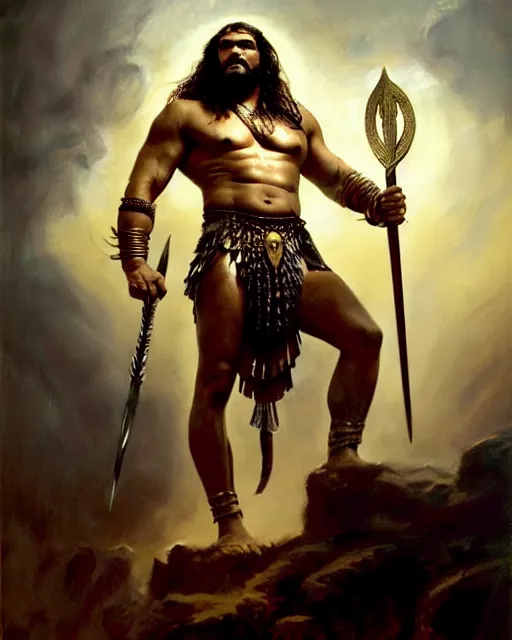 Image similar to beautiful portrait oil painting, jason momoa conan the barbarian wearing a golden wreath crown in royal crimson spartan armor enthroned as the god emperor of ancient rome, mid - shot, action pose, standing in a dungeon, frank frazetta, boris vallejo, greg rutkowski, beautiful cinematic light, american romanticism, by thomas lawrence, greg rutkowski