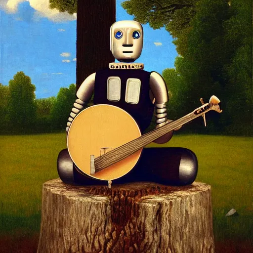 Prompt: banjo - playing robot, playing a deering banjo, sitting on a stump, high detail, hyper realistic, painting by rene magritte, trending on artstation